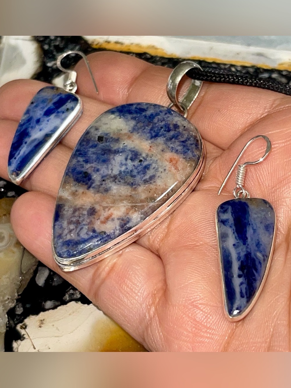 Navy Sodalite Pair of Pendant & Earrings